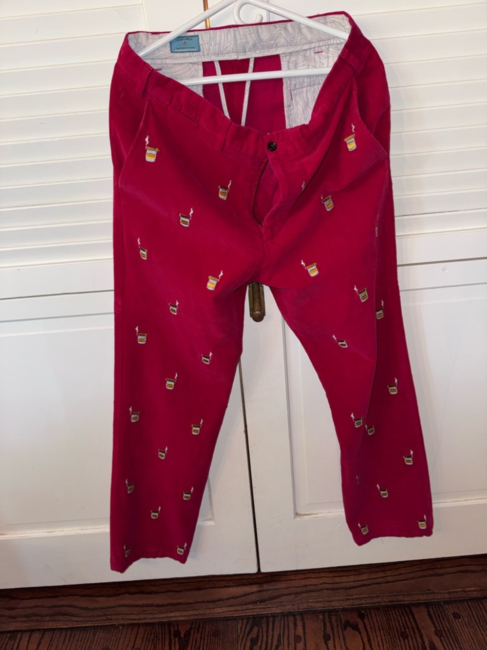 Castaway Nantucket Corduroy Pants Red with Embroidered cigar and drink 36x31.5